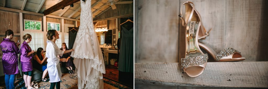 Getting ready in wedding dress from Blush Bridal Boutique  | Wedding shoes | The Hill Hudson NY wedding venue | Wedding Photographer | Wedding Videographer | Barn Wedding Hudson Valley