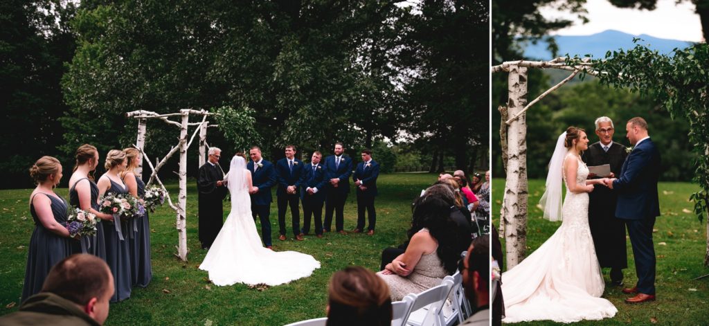 Wedding vows under wedding arch made of birch | The Hill Hudson NY wedding venue | Wedding Photographer | Wedding Videographer | Barn Wedding Hudson Valley