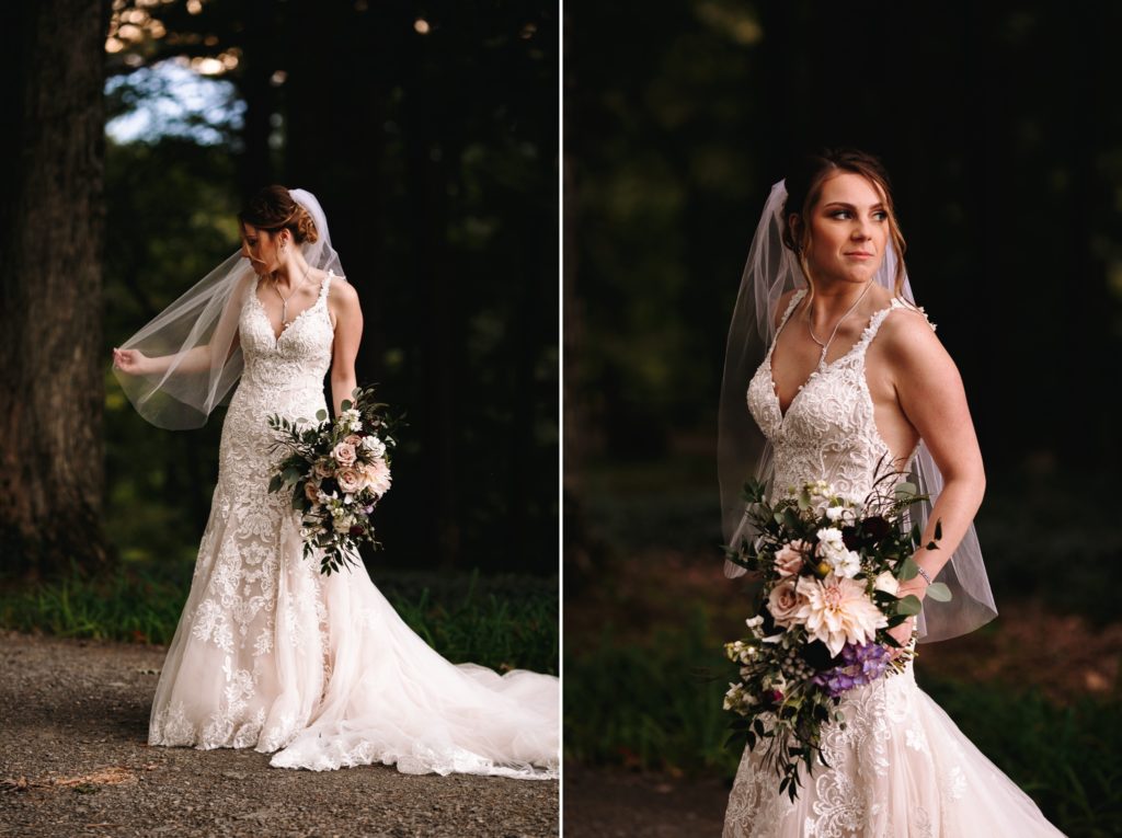 Romantic lace wedding gown and spring-inspired bridal bouquet | The Hill Hudson NY wedding venue | Wedding Photographer | Wedding Videographer | Barn Wedding Hudson Valley