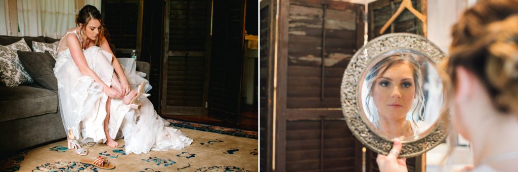 Hudson Valley bride putting on wedding shoes | The Hill Hudson NY wedding venue | Wedding Photographer | Wedding Videographer | Barn Wedding Hudson Valley